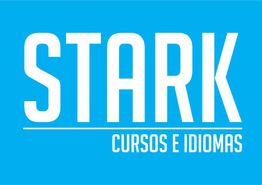 Texto "STARK Cursos e Idiomas" em branco sobre fundo azul.