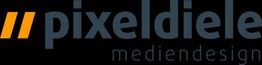 "Logo mit Schriftzug 'pixeldiele mediendesign' in Dunkelgrau, gelbes doppelt S-Linienform links."