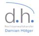 Logo der Anwaltskanzlei Damian Hötger mit den Initialen "d.h." und einem blauen Bogen.