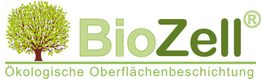 Logo von BioZell mit Baum und Text: "Ökologische Oberflächenbeschichtung".