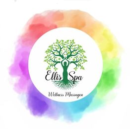 Logo mit Baum, Schriftzug "Ellis Spa" und Text "Wellness Massagen" auf regenbogenfarbenem Hintergrund.