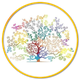 Albero stilizzato con rami a spirale multicolori in un cerchio.