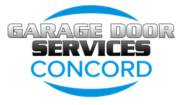 Logo for Garage Door Services Concord with bold silver and blue text and curved lines.
