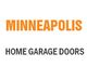 Text reads: "MINNEAPOLIS HOME GARAGE DOORS" in orange and black on a white background.