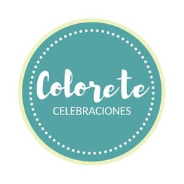 Logotipo redondo verde mint con el texto "Colorete Celebraciones" en blanco y borde punteado.