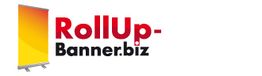 Rotes RollUp-Banner-Logo mit gelb-rotem Banner links und Text: "RollUp-Banner.biz" rechts.