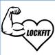 Heart with a muscular arm, text "LOCKFIT" inside the heart.
