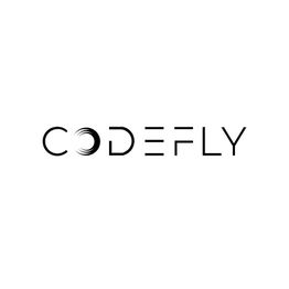 Text: CODEFLY in modernen schwarzen Buchstaben auf weißem Hintergrund.