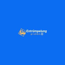 Logo mit einem gelben Transporter, Schriftzug "Entrümpelung grubbe.de" auf blauem Hintergrund.