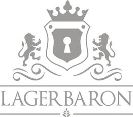 Graues Wappen mit Krone, Schlüssel und Löwen, darunter der Schriftzug "LAGERBARON".