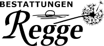 Schwarzes Logo "Bestattungen Regge" mit Pusteblume und Horizont.