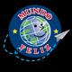 Ilustración de un planeta sonriente con texto "Mundo Feliz", estrellas y un avión de papel.