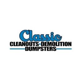 Logo with text: "Classic Cleanouts • Demolition • Dumpsters" in blue and black font.