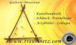 Gelbes Bild mit Dreieck, Text über Kunsthandwerk und Webseite traumnetz.com im unteren Bereich.