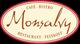 Logo von "Monsaly", Café, Bistro, Restaurant, Feinkost, in einem ovalen Umriss mit rotem Rand.
