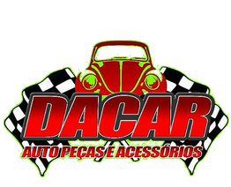 Logotipo da Dacar com carro vermelho, bandeiras quadriculadas e texto "Auto Peças e Acessórios".