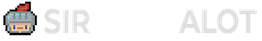 Een pixelart ridderhelm met rode veer, rechts grijze rechthoeken op een witte achtergrond.