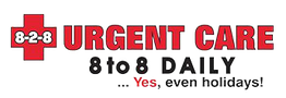 Urgent Care logo with hours 8 to 8 daily, including holidays.