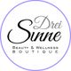 Logo: „Drei Sinne“ Beauty & Wellness Boutique, schwarzer Text auf weißem Hintergrund mit lila Rand.