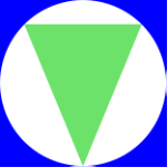 Grünes umgekehrtes Dreieck in weißem Kreis auf blauem Hintergrund.