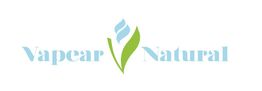 Logo de texto "Vapear Natural" en azul con icono de hoja verde y humo azul.
