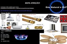 Anúncio de instalação de gás natural e GLP, com imagens de equipamentos e contatos para assistência.