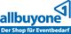Logo mit Text: "allbuyone - Der Shop für Eventbedarf" in Blau.