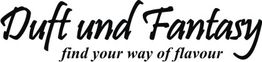 Schriftzug "Duft und Fantasy" mit dem Slogan "find your way of flavour" in kursiver Schrift.