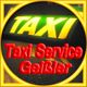 Taxischild mit der Aufschrift "Taxi Service Geißler" in gelb und rot auf dunklem Hintergrund.