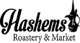 Hashems Roastery & Market logo with a traditional pot design in black and white.
