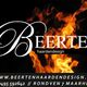 Beerten Haardendesign logo op een achtergrond van vlammen met contactgegevens onderaan.