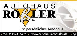 Autohaus Rößler Logo mit Kontaktinfos und Opel-Logo rechts. Webseite: autohaus-roessler.de