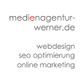 Text „medienagentur-werner.de“, Webdesign, SEO, Online-Marketing; Buchstabe „e“ in Rot.