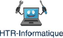 Un ordinateur souriant tenant des outils, avec le texte "HTR-Informatique".