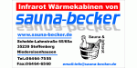 Geschäftskarte von Sauna-Becker mit Kontaktinformationen und einem Saunabild.