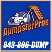 DumpsterPros logo with a truck and number 843-806-DUMP on a blue background.