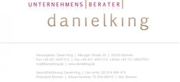 Visitenkarte von Daniel King, Unternehmensberater, mit Kontaktinformationen und Adresse in Bremen.