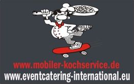 Comic-Koch auf Skateboard mit Messer, Bratpfanne, Text "mobiler-kochservice.de" in Rot.