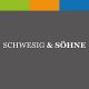 Graues Logo mit "SCHWESIG & SÖHNE" und oben bunten Streifen in Grün, Orange und Blau.