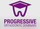 Paarse tandvormige grad cap met tekst: "Progressive Orthodontic Seminars".
