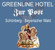 "Logo des Greenline Hotel Zur Post in Schönberg, Bayerischer Wald, mit Reiteremblem."