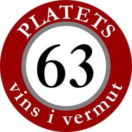 Círculo rojo con el número 63 en el centro y texto "PLATETS vins i vermut".
