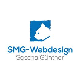 Logo mit Katzenkopf-Silhouette, darunter „SMG-Webdesign“ und „Sascha Günther“ in Blau und Grau.