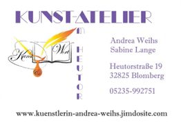 Kunst-Atelier-Visitenkarte mit Kontaktinformationen und Webseite von Andrea Weihs und Sabine Lange.
