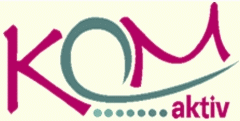 Logo mit Schriftzug "KOM aktiv" in Magenta und Petrol auf hellem Hintergrund.