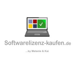 Laptop-Icon mit bunten Quadraten und Haken, Text: "Softwarelizenz-kaufen.de by Melanie & Kai".