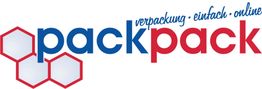 Logo mit roten und blauen Schriftzügen "packpack", sechs Ecken daneben, Text: "verpackung, einfach, online".