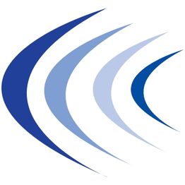 Abstraktes Logo mit blau und hellblau geschwungenen Linien, die sich nach rechts verkleinern.