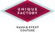 Logo mit Text "UNIQUE FACTORY" und "RAUM & EVENT COUTURE", stilisierte Raute in Rot und Blau.