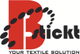 Logo mit rotem "B", schwarzem "stickt" und Slogan "Your Textile Solution".